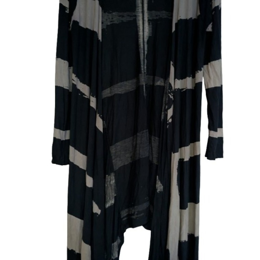 Religion Striped Longline Cardigan Open Front Duster Rayon Knit Gray Black S - Picture 3 of 11